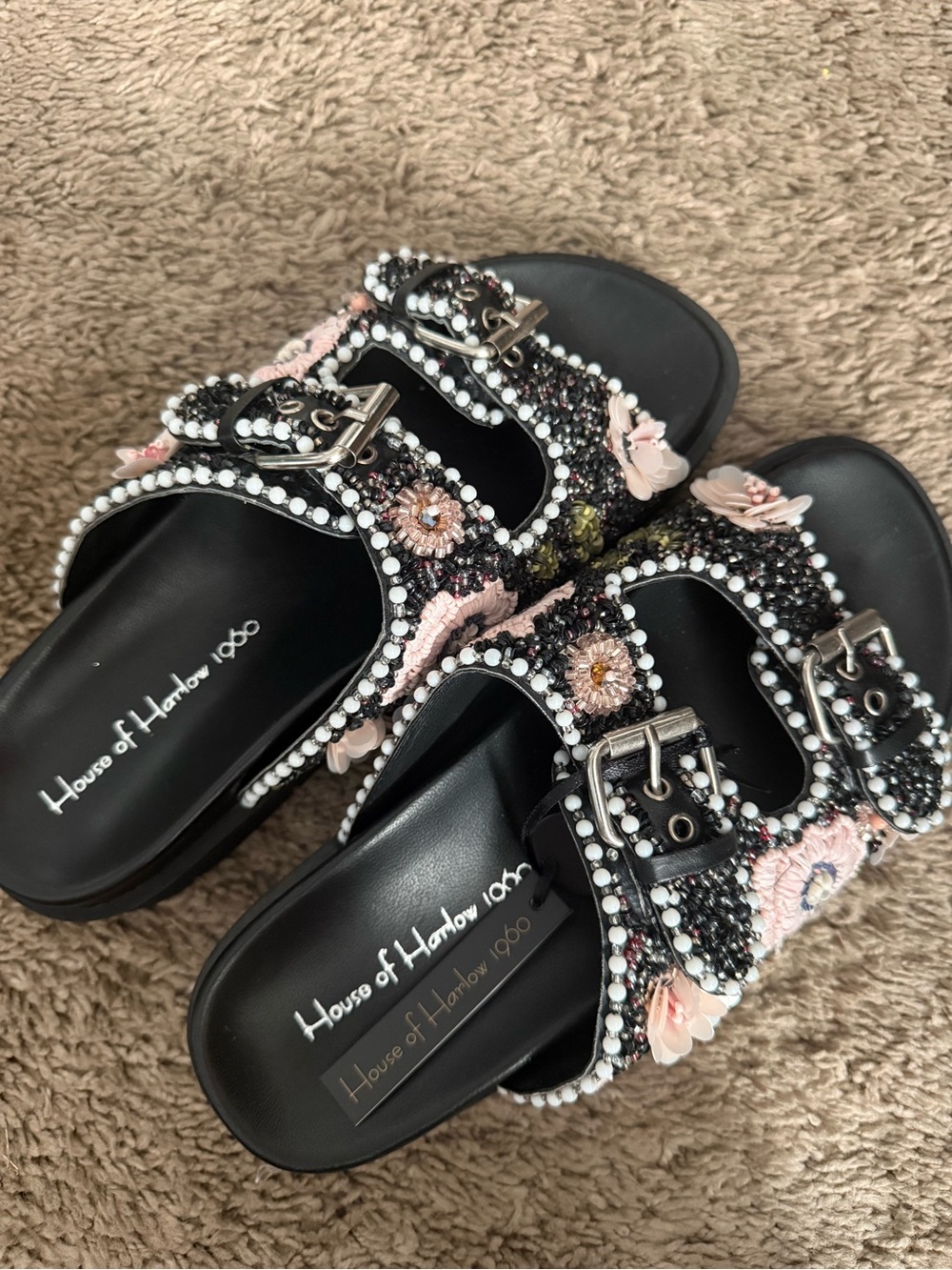 House of Harlow 1960 Black Beaded Floral Buckle Slide Mules